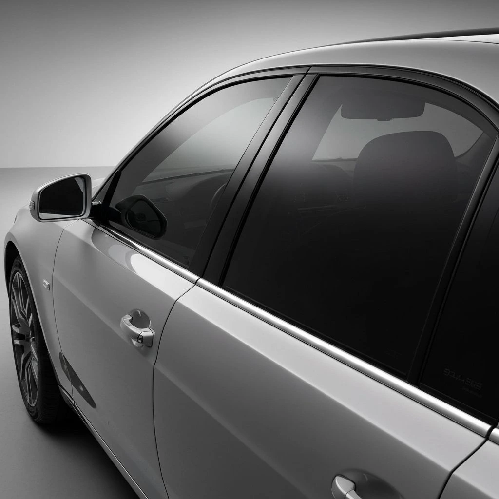 Close-up view of dark automotive window tint applied to the side windows of a silver sedan
