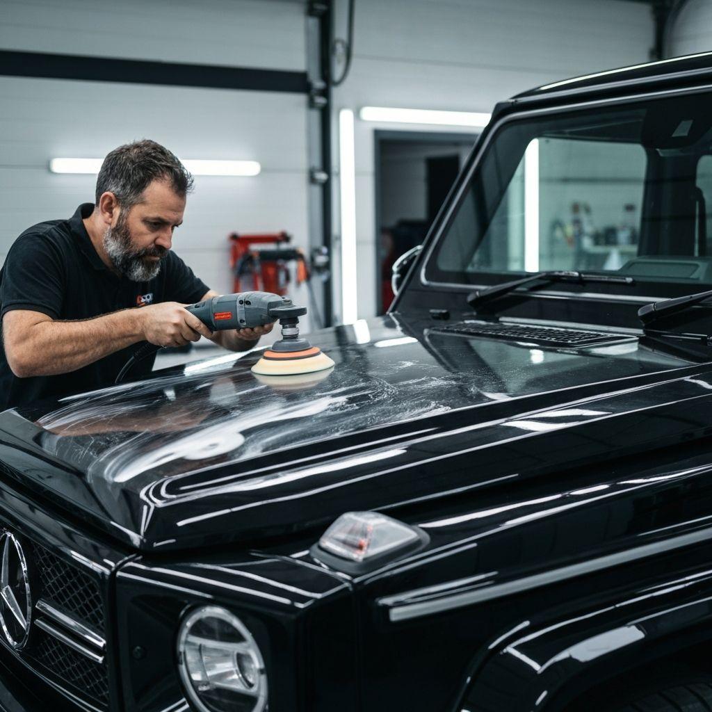 Detailer using a rotary polisher for paint correction on the hood of a black Mercedes G-Wagon